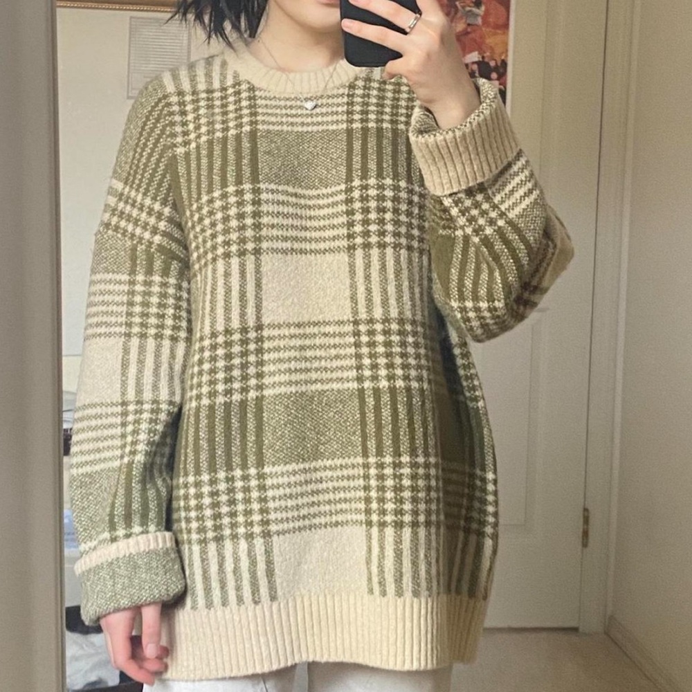 OAK + FORT Olive and Beige Plaid Sweater